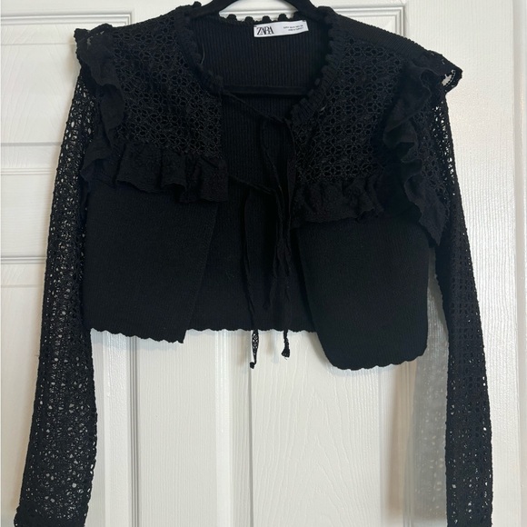 Zara Black Lace Cropped Tie-Front Top/Cardigan - Picture 2 of 3